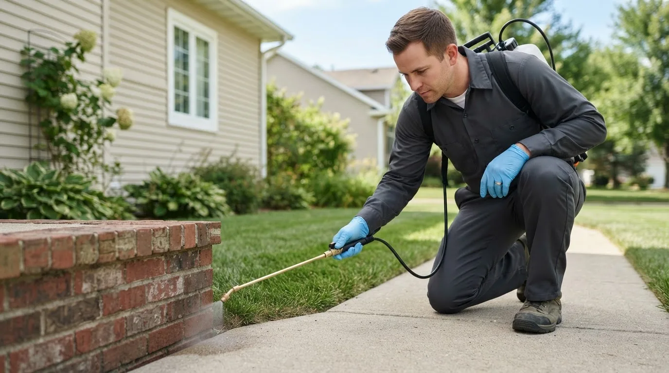 Pest control technician treating a home near Vassalboro, ME