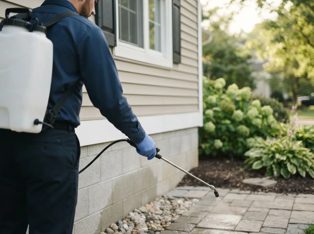 Pest control technician inspecting a home in Vassalboro, ME